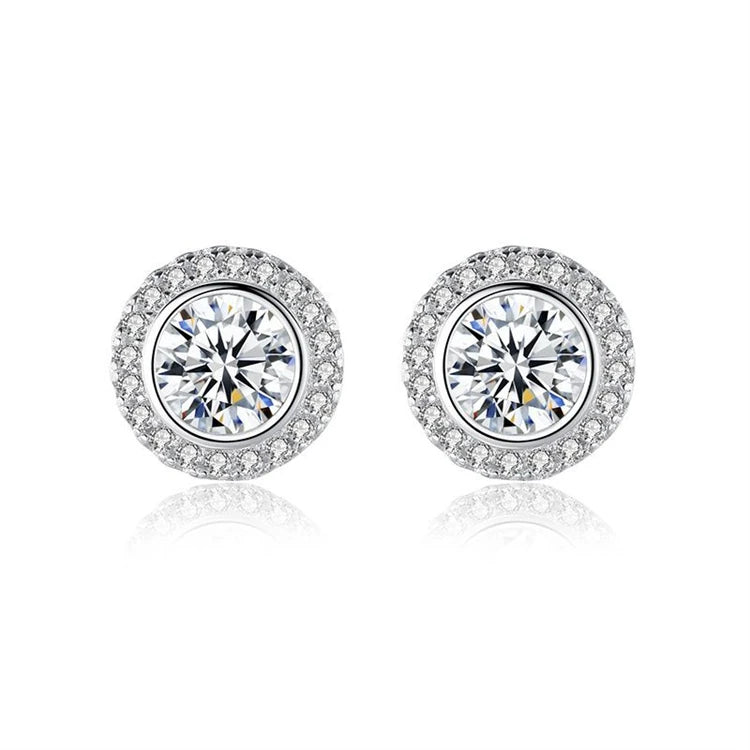 Dainty Trendy 925 Sterling Silver Simple Women Fashion Luxury Round Shape Full Diamond Stud Earrings