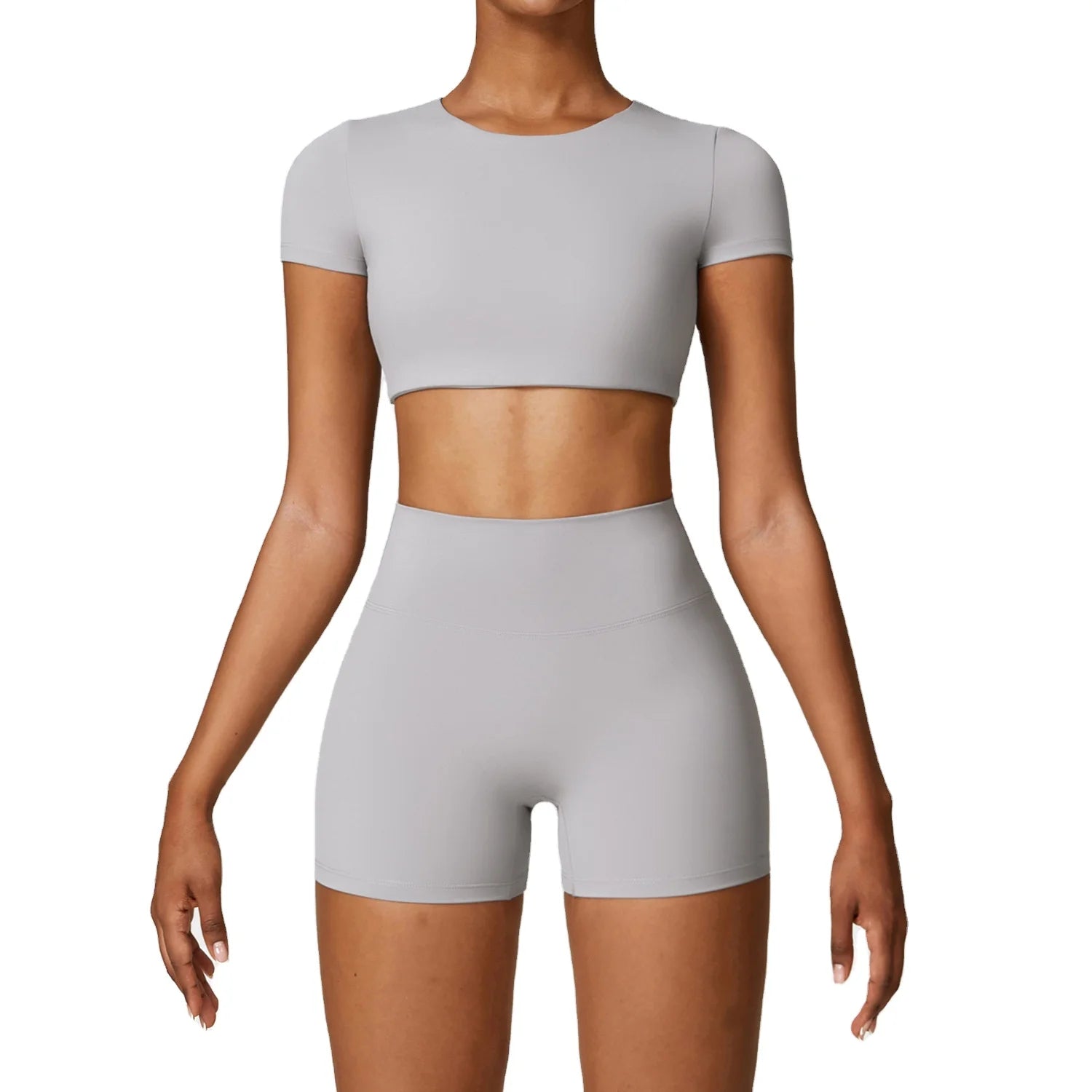 Women's XL Sports Wear Set Stylish Compression Fitness Crop Top Shorts Stretchy Lightweight Solid Padded Short Sleeve Tops