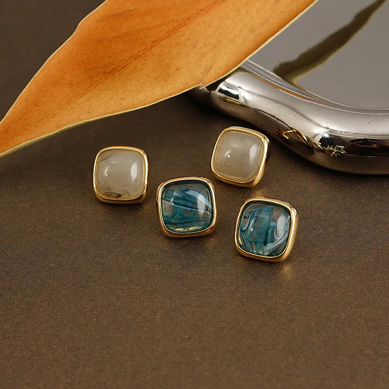 European Retro 18K Gold Plated Natural Stone Stud Earring Brass Geometric Square Crystal Earring for Women Girl