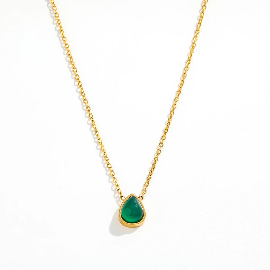 Joolim  18k Gold Plated Dainty Small Green Jewelry Water Drop Pendant Dainty Chain Necklace Stainless Steel Jewelry
