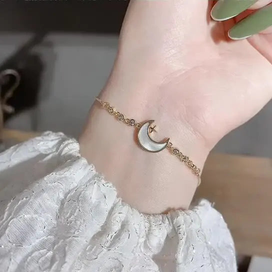 Moon Shell Zircon Bracelet 18k Gold Plated Stainless Steel Thin Chain Adjustable Christian Gift for Women