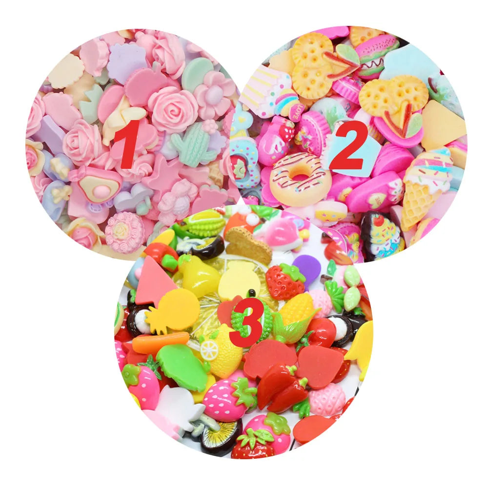 Hot Selling 500Pcs/Lot Assorted Flatback Resin Cabochons Sweet Flowers Dollhouse Food 3D Fruit Slime Charms for Scrapbooking DIY