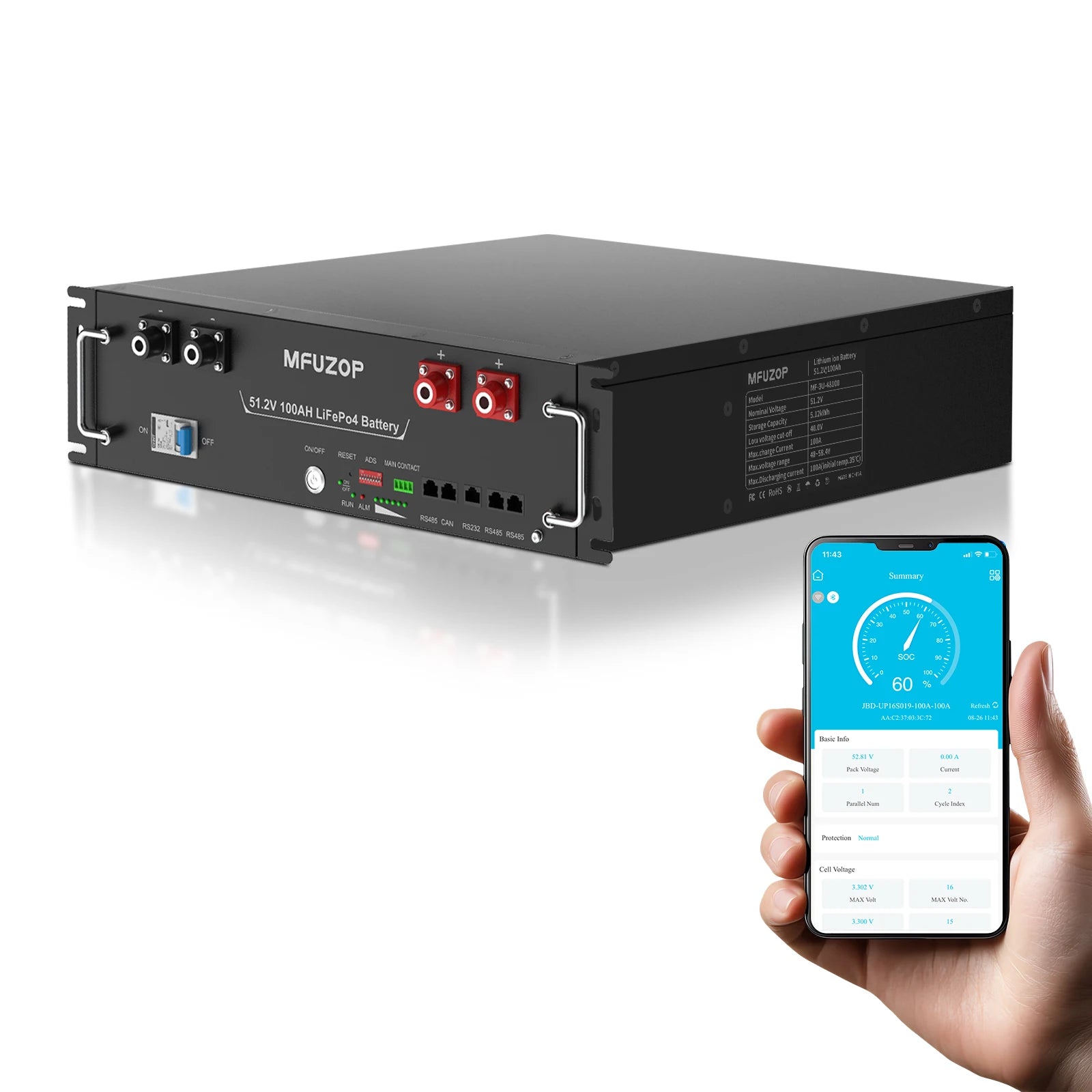 DATOUBOSS EU Stock Rechargeable Rack Mount Lithium Ion Battery 16s Lifepo4 Battery Packs 51.2V with BMS for Energy System