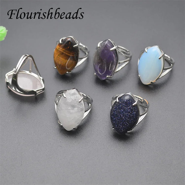 Wholesale Natural Stone Silver Plated Energy Stone Amethyst Tiger Eye Crystal Opalite Oval Adjustable Gemstone Rings for Woman