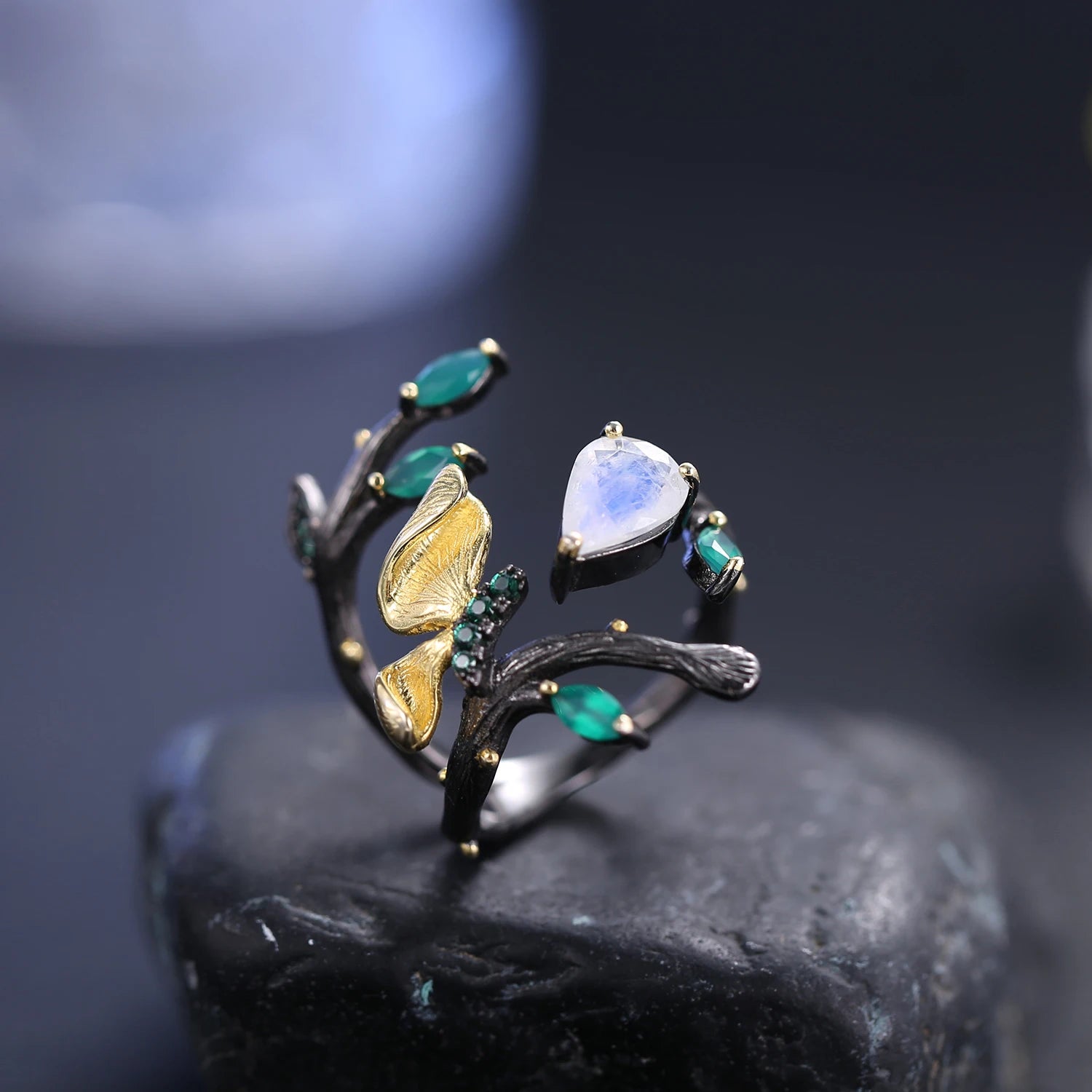 C7758 Abiding Designer Collection Natural Gemstone Vintage Gold Plated 925 Sterling Silver and Moonstone Rings