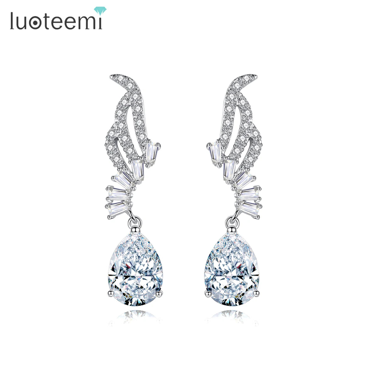 LUOTEEMI Wholesale Luxury Women A AA Water Drop Cubic Zircon Diamond Bridal Wedding Angle Wing Dangle Earrings