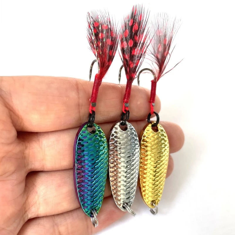 WEIHE 2.5g-20g Metal Fishing Bait Spoon Lures Metal Fishing Lure Saltwater Freshwater Spoon Baits With Single Hook With Feather