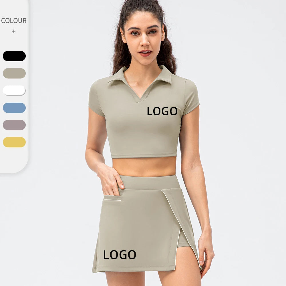 Wholesale Custom Logo Sports Tennins Two Piece Tracksuit Women Golf Gym Fitness Stand Collar Crop Top and Shorts Skirt Suit Set