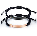 Glossy Stainless Steel Black Smooth Charm Braided Rope Bracelet Couple Custom Logo Engrave Name Zircon Adjustable Bracelet