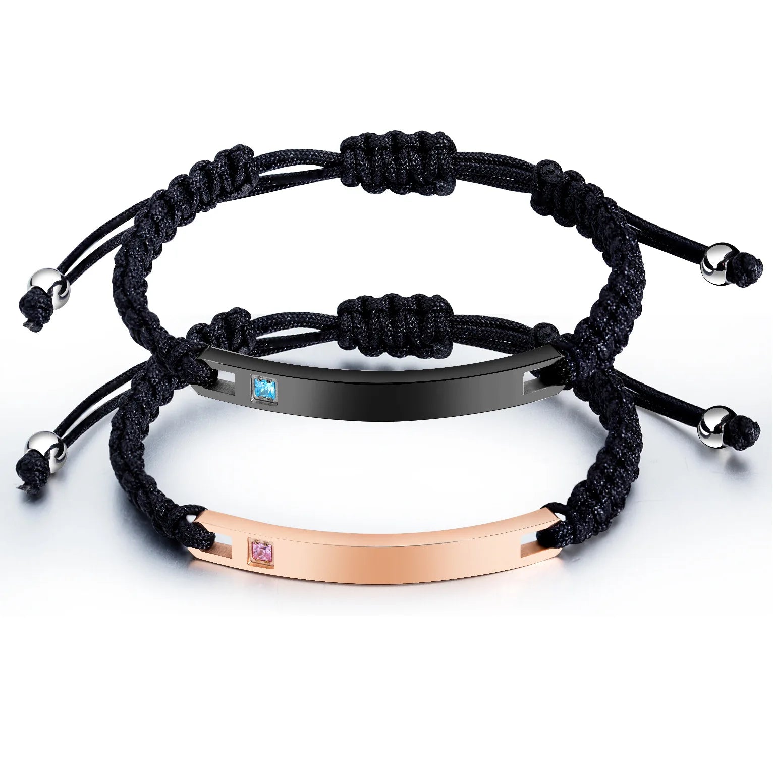 Glossy Stainless Steel Black Smooth Charm Braided Rope Bracelet Couple Custom Logo Engrave Name Zircon Adjustable Bracelet