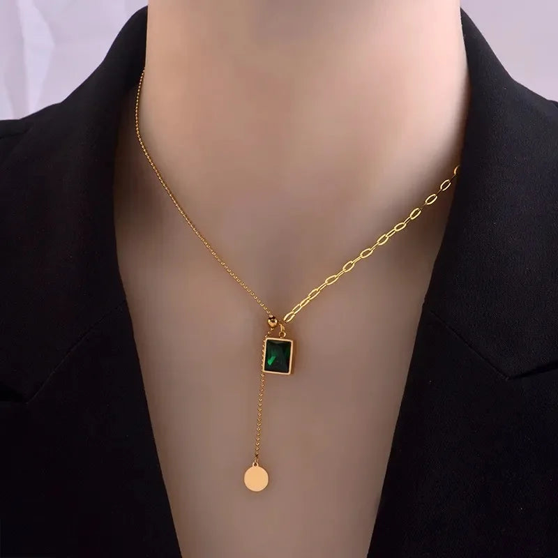 316L Stainless Steel New Fashion Thick Chain Choker Bracelet Cute Style Square Emerald Charms Necklaces Pendants for Women Gift