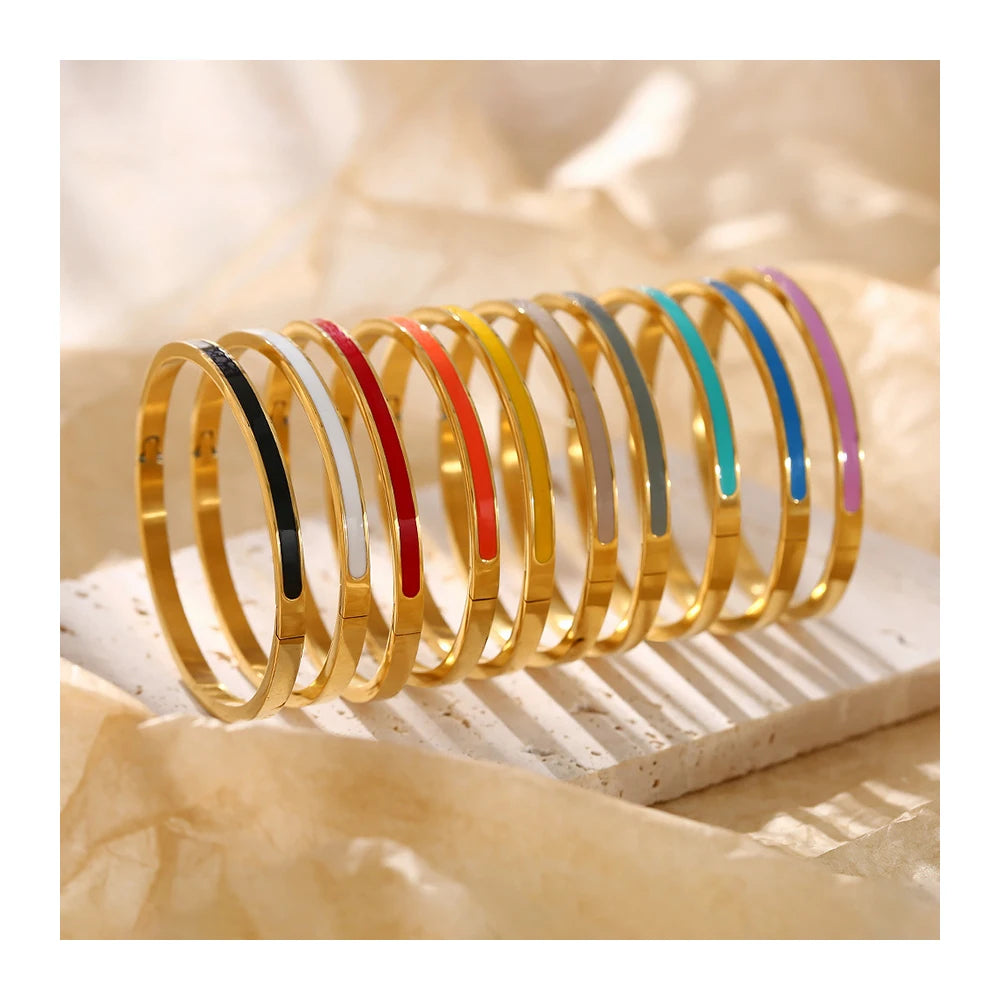 Fashion Jewelry Waterproof Tarnish Free 18k Gold Plated 4MM Stainless Steel Colorful Enamel Cuff Open Bangle Bracelet YF2343
