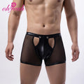 Black Sexy Mesh Openable Crotch Imitation Leather Men Boxer Briefs Bikini Thongs and G String Sexy for Men Low-Rise