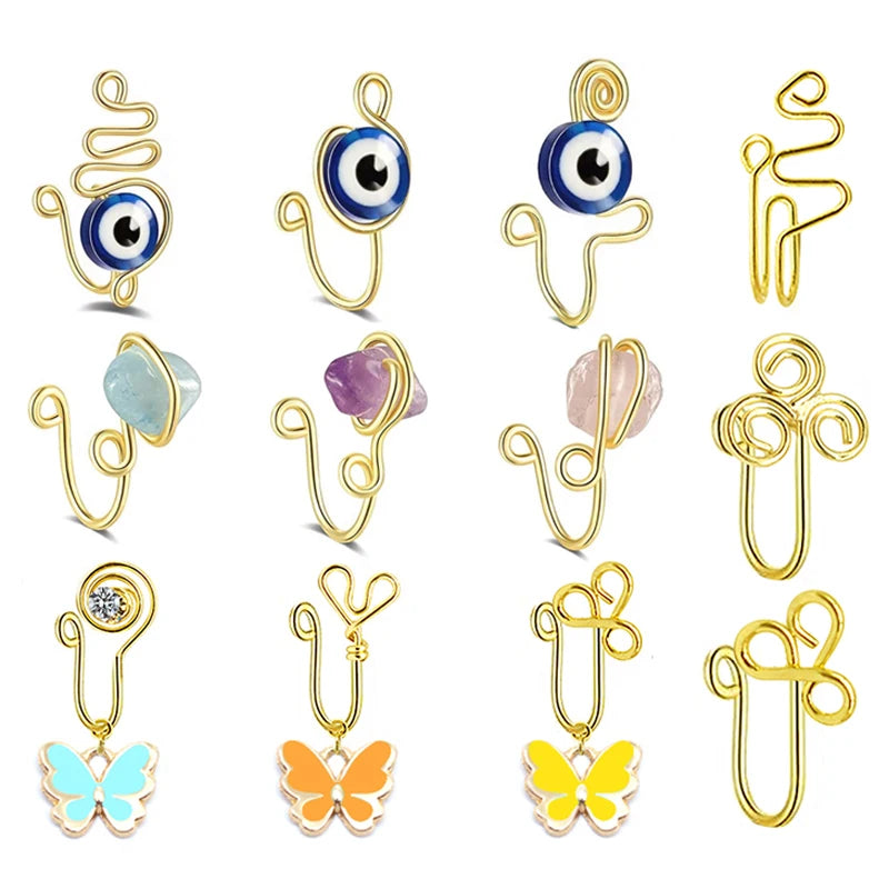 Gaby Natural Stone Gold Birthstone Nose Rings Rhodium Non-Piercing Faux Nose Cuffs Hoop for Weddings Gifts Engagements Parties
