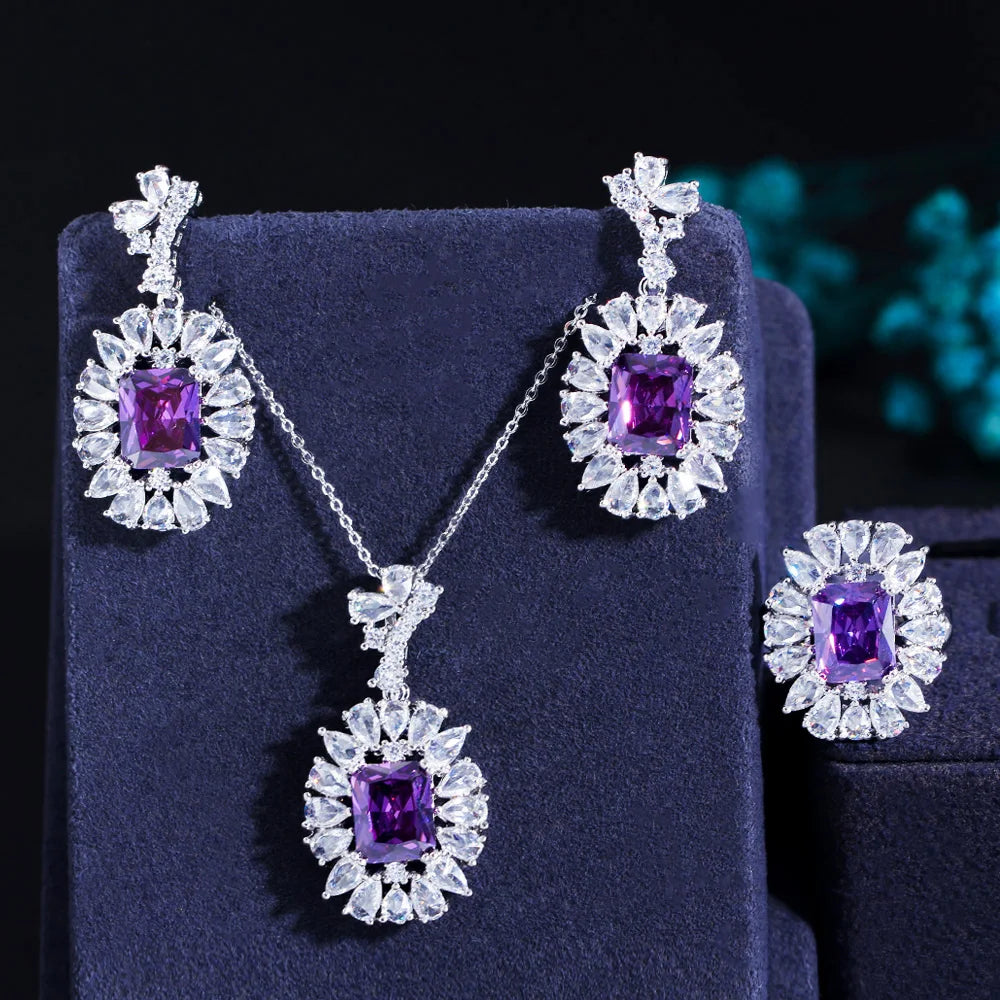 Romantic Multi Colors Crystal Purple Cubic Zircon Oval Round Shape Earrings Pendant Necklace and Ring Jewelry Sets for Women