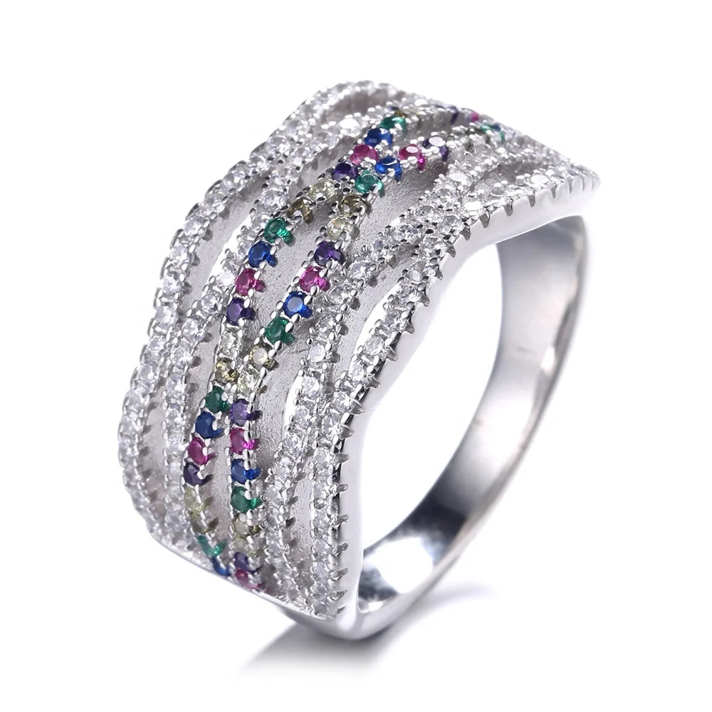 Delicate Rainbow Crystal Ring Inset Color CZ Zirconia Ring
