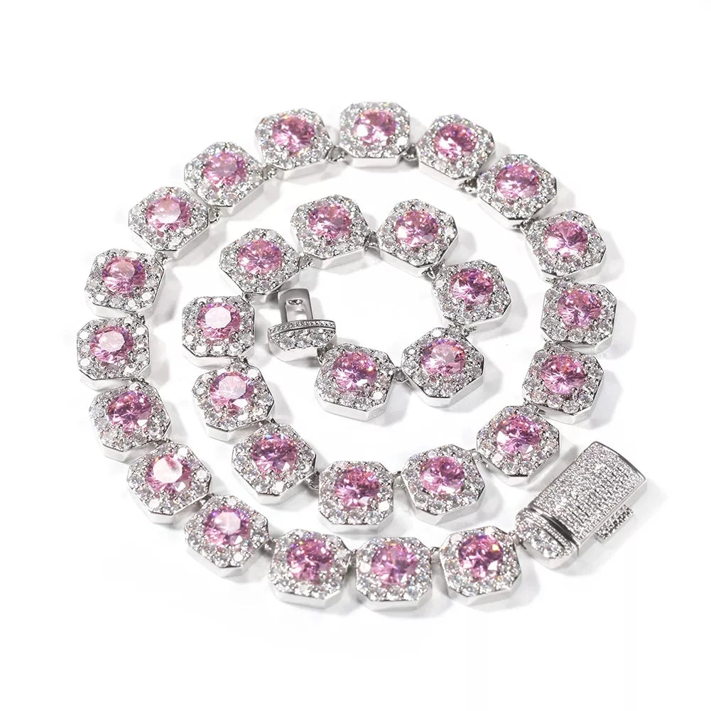 Luxury Diamond Women Cluster Necklace White Gold Plated Iced Out Pink/Blue CZ Clustered Tennis Chain
