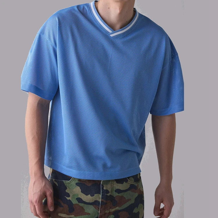 Custom Lightweight Athletic Look Short Sleeve Tshirts Cropped Length Hem Stylish Striped V-Neck Mesh Crop T Shirt