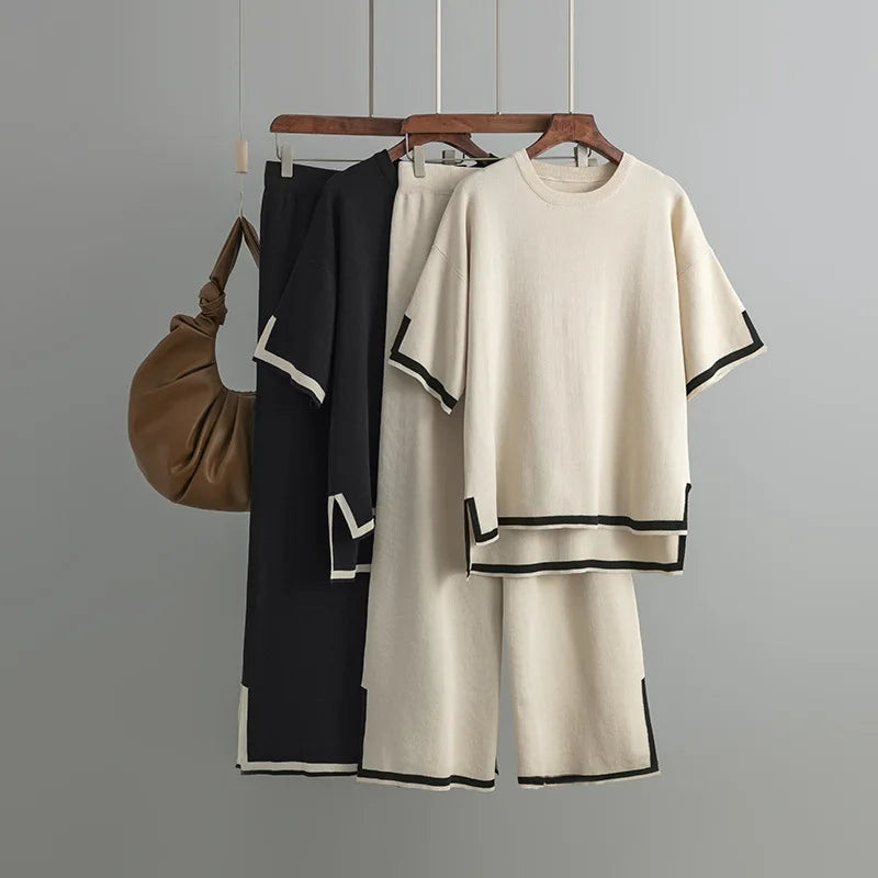 Wholesale New Spring Temperament Contrast Split Short Sleeve T-shirt High Waist Slim Wide Leg Pants Women's Set