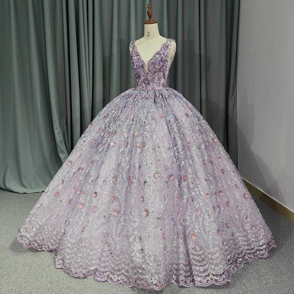 Jancember 6667 Princess Purple V-neck Birthday Party Ball Gown Women's Dresses