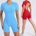 SHINBENE Back Open Short Sleeve Jumpsuits Lizvette V Scrunch Yoga Romper Workout Jumpsuits for Women