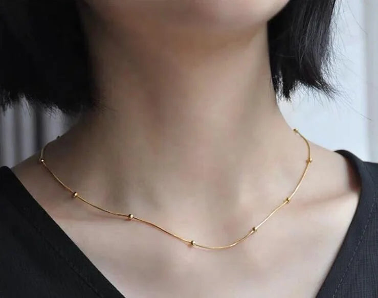 18K Gold Plated Beads Snake Chain Choker Necklace Beaded Stainless Steel Collarbone Chain Necklace