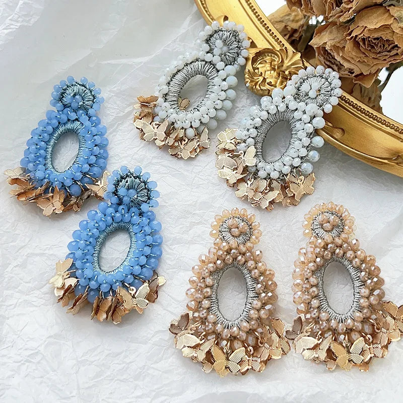 Custom Women Oval Shape Crystal Butterfly Earring Stud Exaggerated Big Earrings Beaded Earrings Handmade