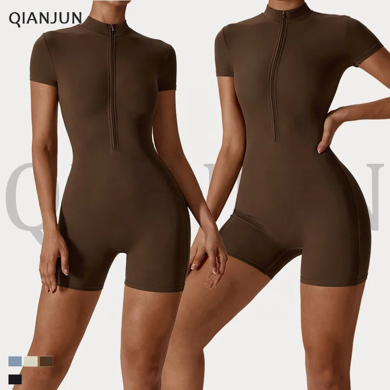 2023 New Summer Zipper Sports Seamless Short Sleeve Yoga One-Piece Dance Jumpsuitt Solid Color Workout Fitness Jumpsuits