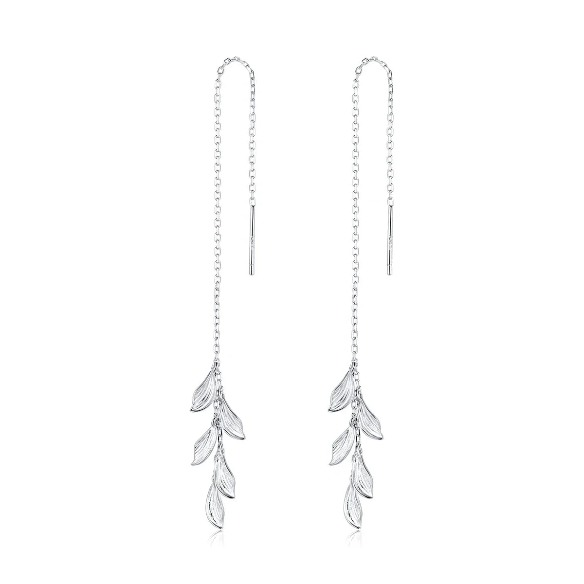 S925 Sterling Silver Leaf Tassel Ear Line Cold Wind Long Temperament Electroplated Earrings