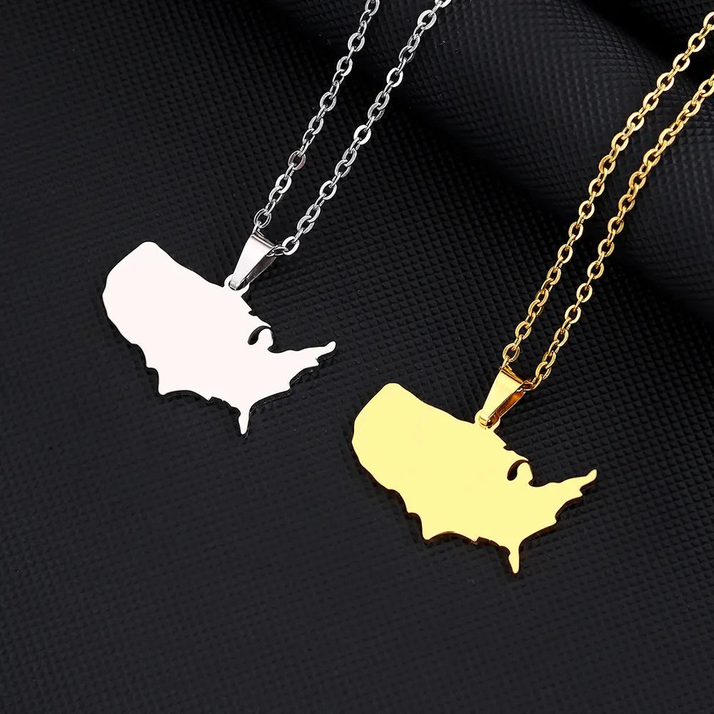 Tendencias Global Hot-Selling Stainless Steel United States America Map Link Chain Necklace 18K Gold Pendant Fashion Necklaces
