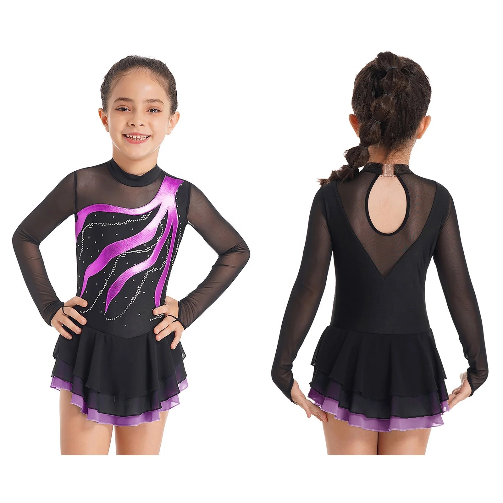 Kids Girls Stylish Clothing Long Sleeve Round Neckline Rhinestone Decorated Patchwork Style Hollow Back Dance Dress