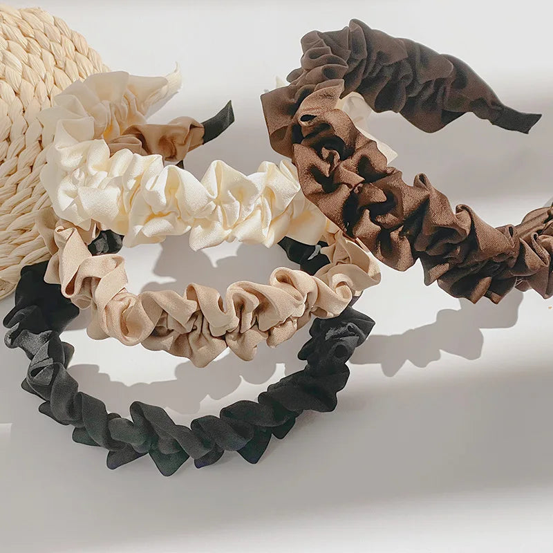 Women Satin Pleated Wrinkles Hairbands Hair Hoop Accessories Solid Color Linen Fabric Headband