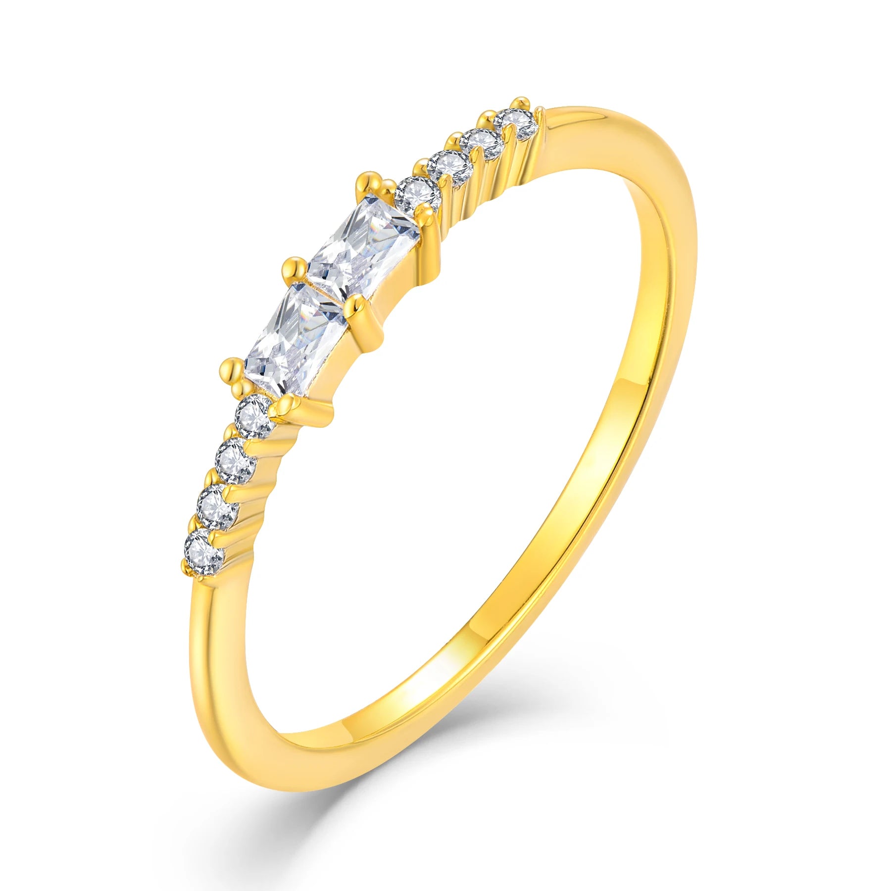 18K Gold 925 Sterling Silver Ladies Bridal Anniversary Jewelry Emerald Cut CZ Diamond Ring with Round Brilliant Side Stones