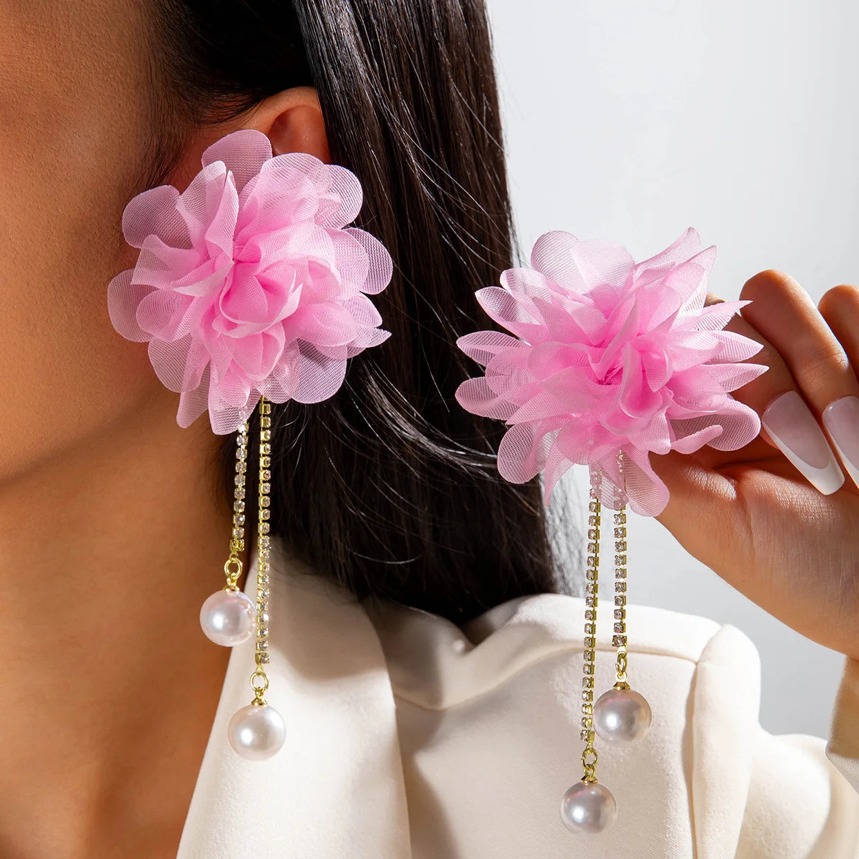 Fabric Colored Large Flower Earrings Sweet Rice Beads Long Tassels Leaf Earrings Wholesale N25921