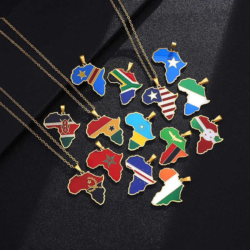 Retro Simple Nigerian Ghana Somalia Colored Flag Necklace Gold Plated Stainless Steel Africa Map Necklace for Women