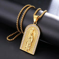 24k Gold Paved Zirconia Virgin Mary Charm Pendant Necklace Religious Jewelry Rhinestones Oval Medallion Mary Portrait Necklace