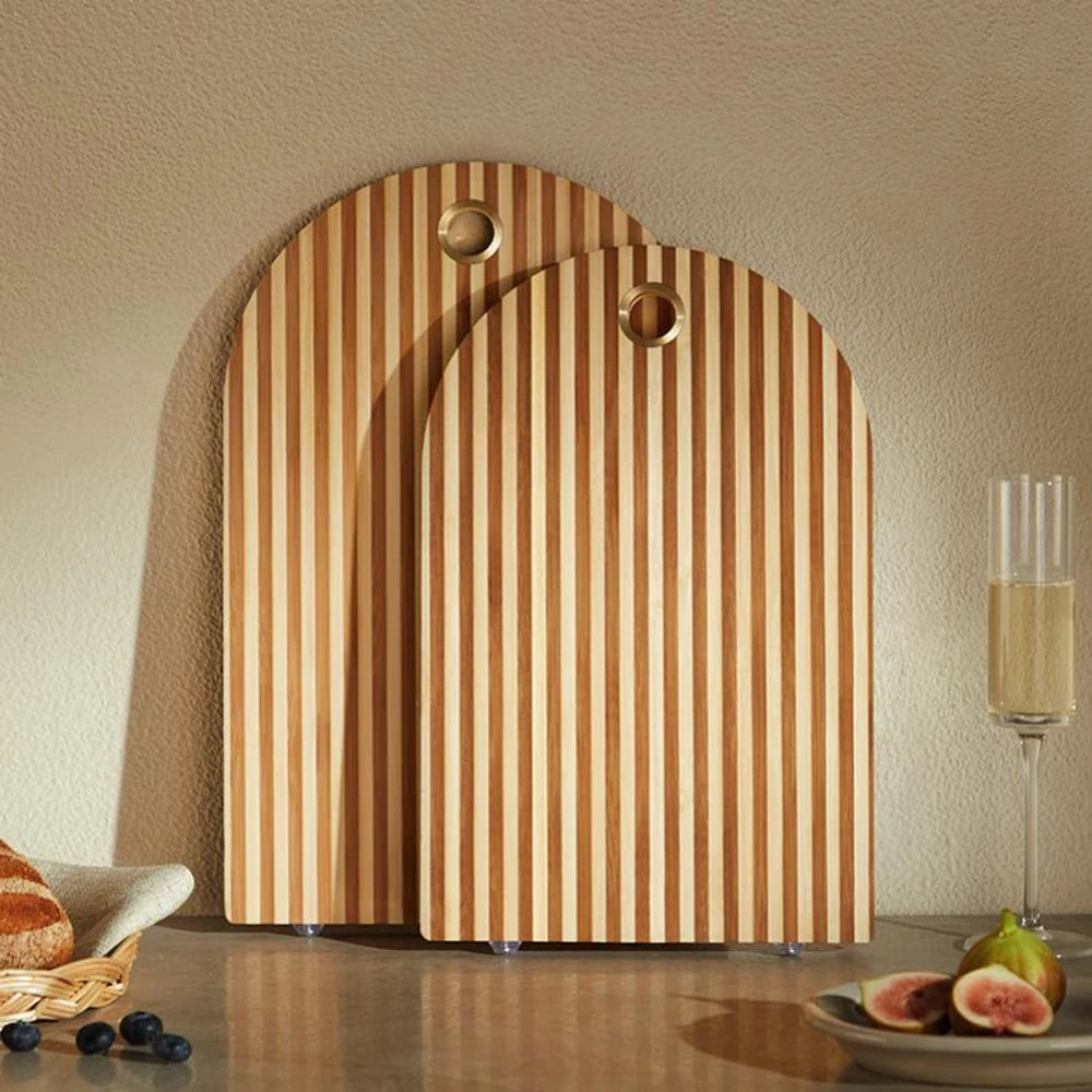 Kitchen Creative Bamboo Cutting Board Set Round Stripe Pattern Decor Serving Tray Chopping Block with Metal Hanging Hole