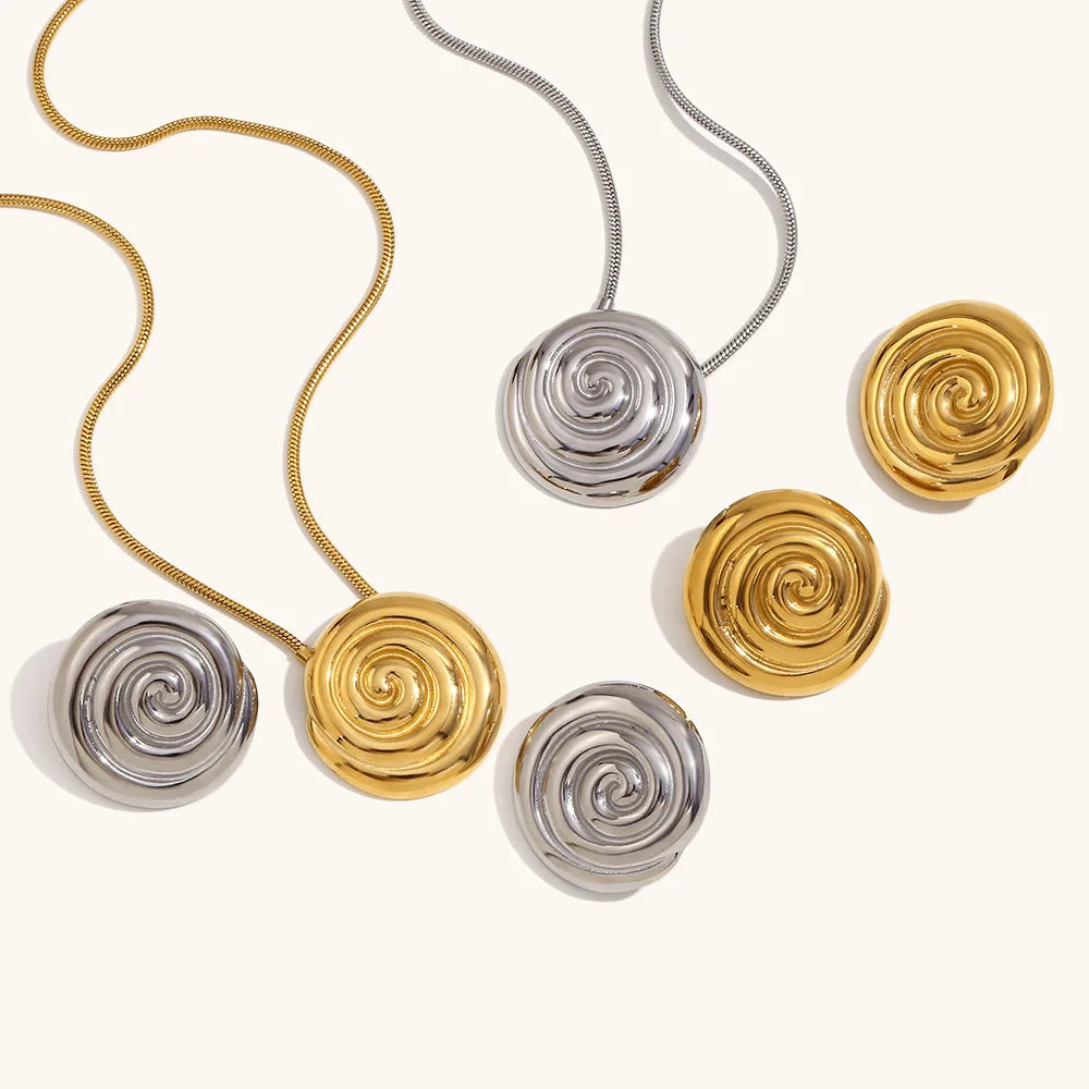 Trendy 18K Gold Plated Spiral Stud Earrings No Fade Stainless Steel Spiral Shell Pendant Necklace Jewelry Set for Women