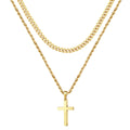 Trendy Gold Plated Stainless Steel Layered Figaro Twist Rope Chain Christian Cross Pendant Choke Necklace for Unisex Party