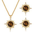 New Fashion Sunflower Topaz Electroplated 18k Gold Tiger's Eye Stone Inlaid Necklace Earrings Jewelry Set
