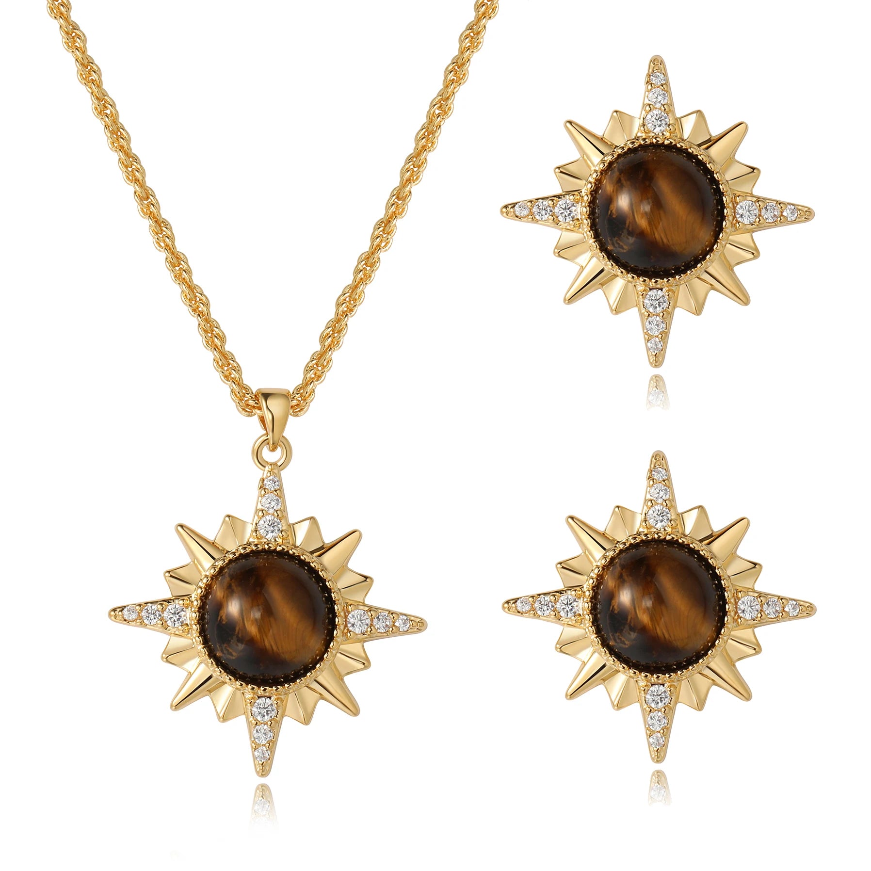 New Fashion Sunflower Topaz Electroplated 18k Gold Tiger's Eye Stone Inlaid Necklace Earrings Jewelry Set