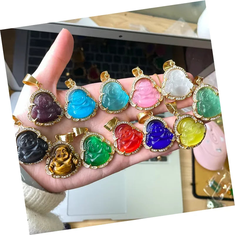 Jialin INS 18k Gold Stainless Steel Crystal clear Laughing Buddha Natural Orange Green pink Jade Stone Necklace Women