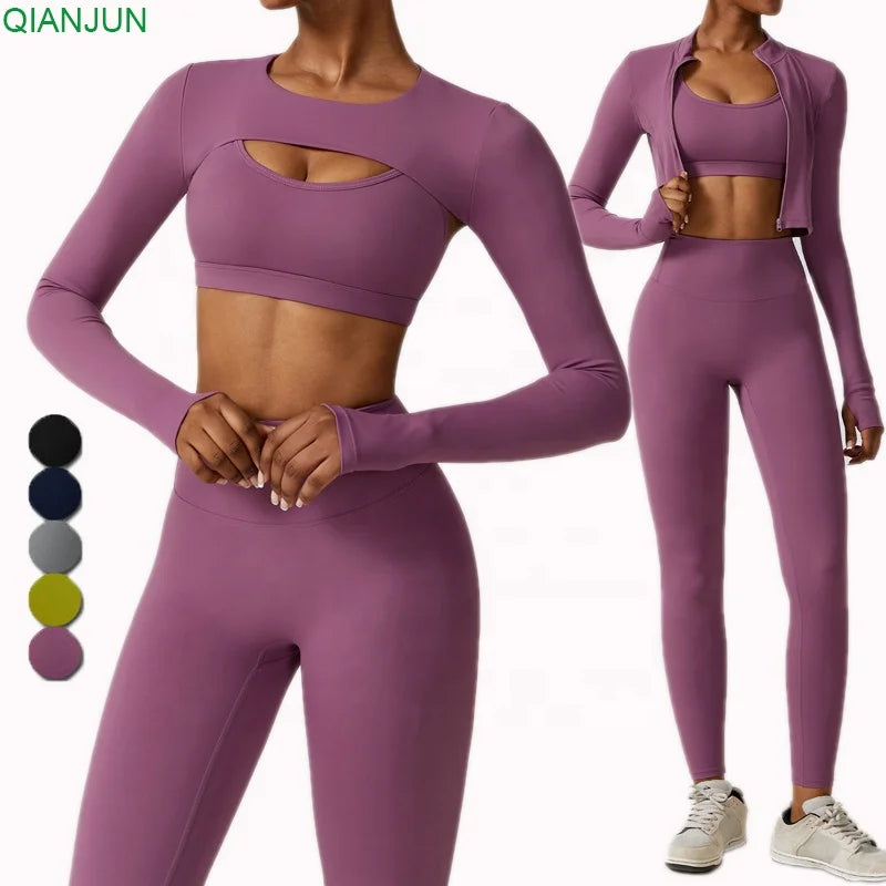 Wholesale Plus Size Butt Lift Women's Yoga Gym Wear Set Long Sleeve Crop Top and Leggings Set 4 Pieces Workout Set