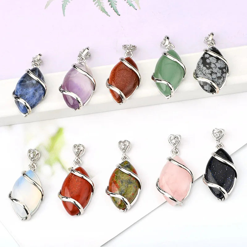 Wire Wrap Crystal Stone Drop Pendant Necklace Copper Bezel with Silver Color Plating Stone Pendant