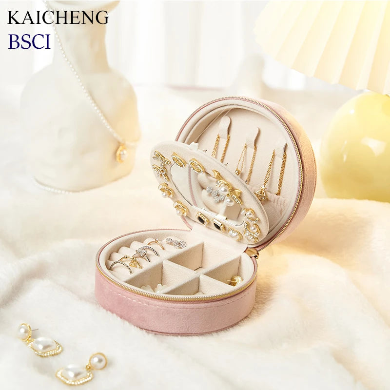 Wholesale Custom Logo Round Velvet Jewelry Box Small Gift and Storage Organizer for Travel Mirror Included