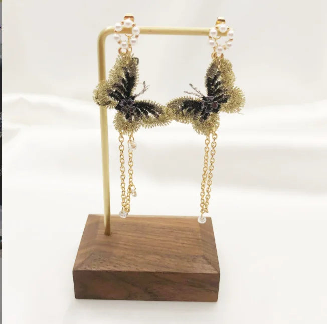 Butterfly Crystal Tassel  Exaggerated Alloy Chain Fashion Pearl Earrings Wholesale