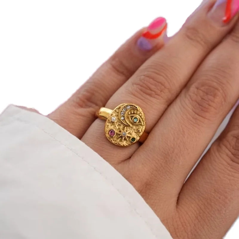 Chic Bohemia Stacking Star Moon Devil Eye Zircon Pearl Tarnish Free 18K Gold Plated Stainless Steel Women Fashion Jewelry Rings
