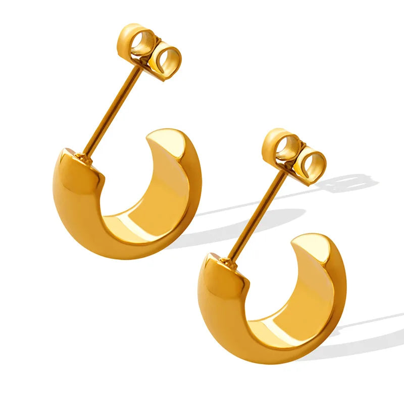 Simple Stainless Steel 18K Gold Plated 7MM Wide Smooth C Shaped  Earrings Titanium Steel Geometric High Polish Circle Earring