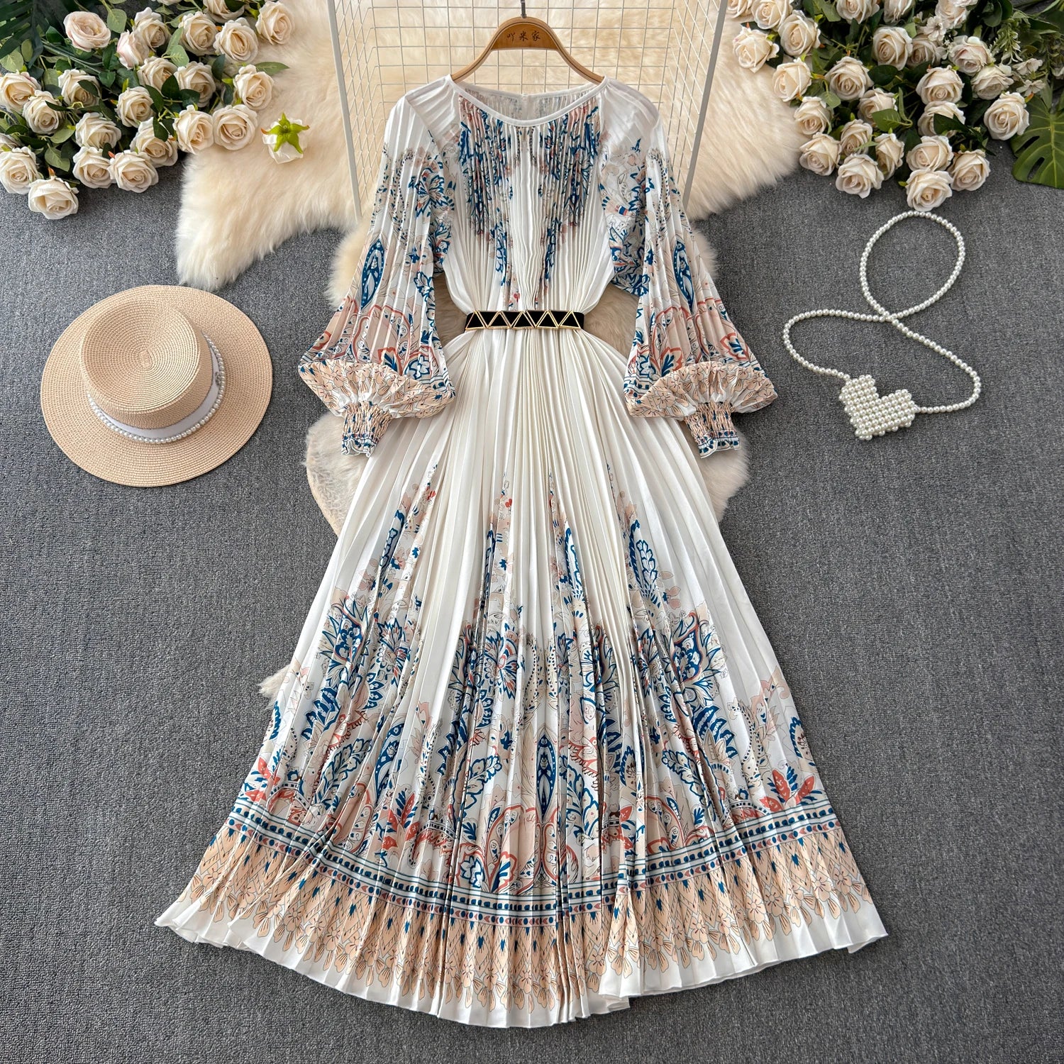LW0644 Senior Sense Print Dress Female Lantern Sleeve Design Sense Fairy Long Printed Dress Elegant Women'S Dresses