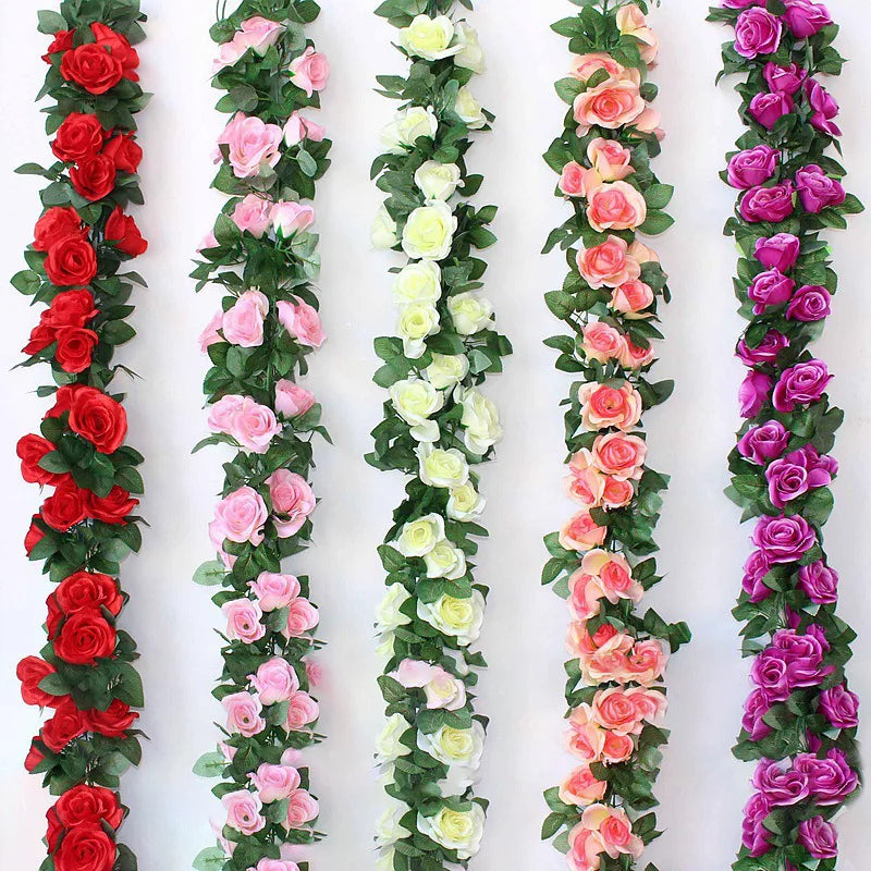 Romantic Wedding Home Decoration Artificial Rose Vine Hanging Flowers Wall Garland Rattan Fake Plants Leaves Durable Plastic for